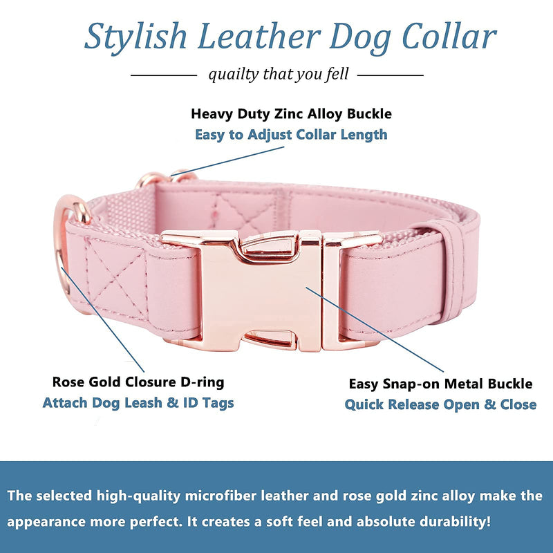 Dog Collar and Leash Set.Soft and Easy to Clean Vegan Leather with Rose Gold Metal Buckle for Small Medium Large Dogs (Pink, L(15.4”-24.8“) Pink L(15.4"-24.8"）