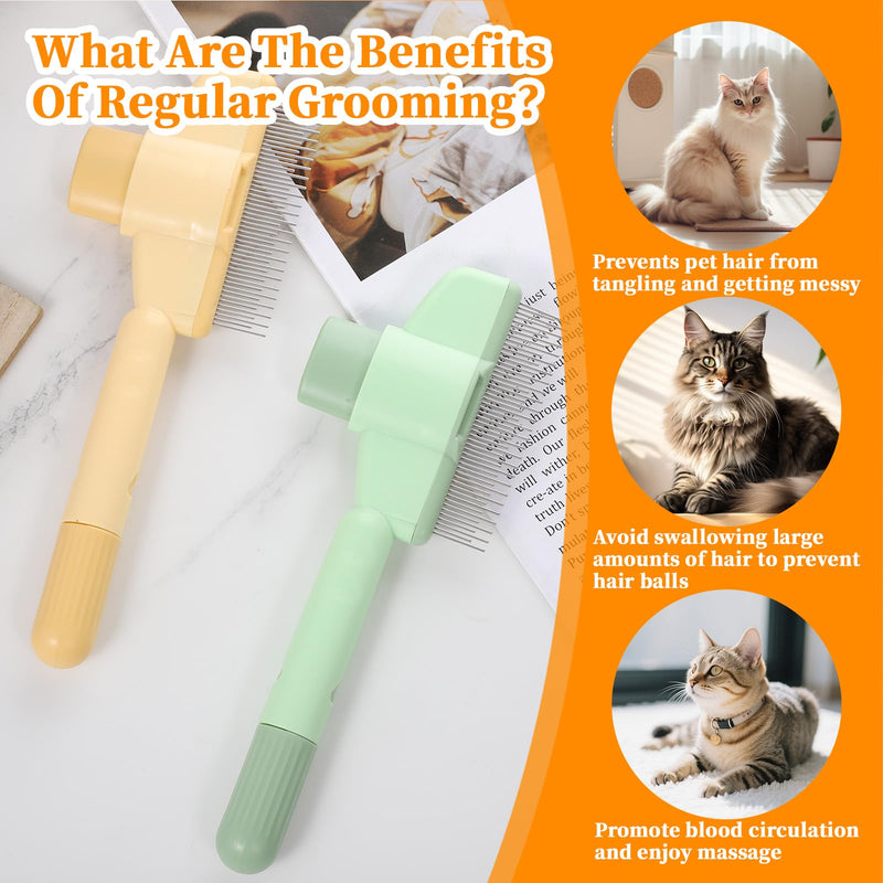 2 Pcs Pet Hair Comb Self Cleaning Cat Flea Brush with Release Button Comfort Safety Stainless Steel Brush Short Long Hair Removal Dogs Grooming Comb for Shedding Tangles - PawsPlanet Australia
