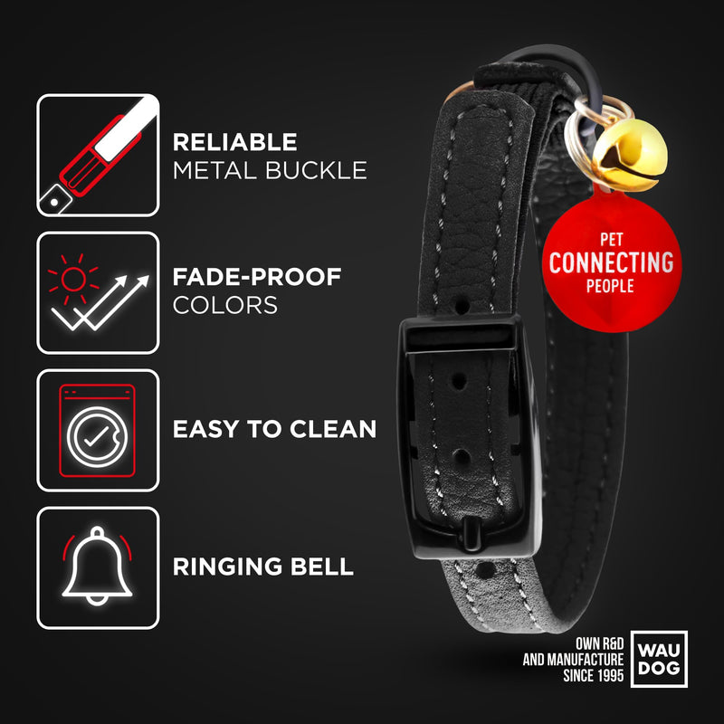 Leather Cat Collar with Bell and Safety Elastic Strap Breakaway Alternative for Small & Large Kittens, Stylish Pet Leather Collar for Boy, Girl Cats with Metal Buckle & QR ID Tag (Black) 8" - 12" Black - PawsPlanet Australia