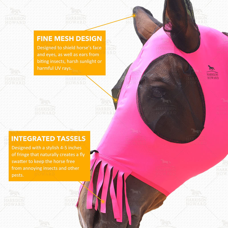 Harrison Howard Superior Comfort Breathable Fly Masks Soft on Skin with Tassels Natural Nose Swatter Full Size (Large) Tassel Fringe-Rose Pink - PawsPlanet Australia