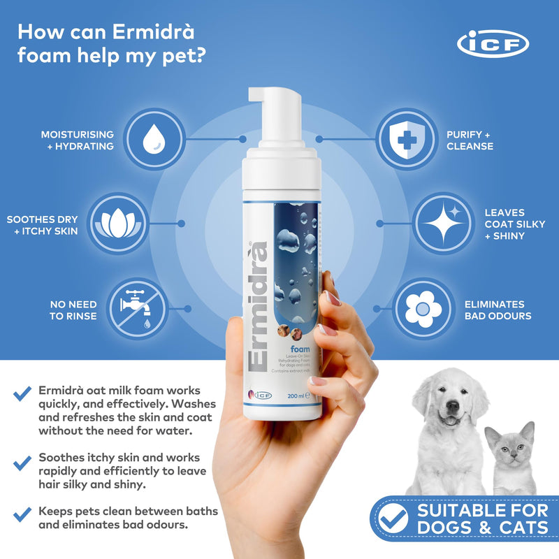 ICF | Ermidrà® Mousse Dog & Cat Dry Shampoo | Foam for Cleansing Soothing & Itch Relief | Relieves Dog & Cat Dry Skin, Rash, Scratching | 200 ml 200 ml (Pack of 1) - PawsPlanet Australia