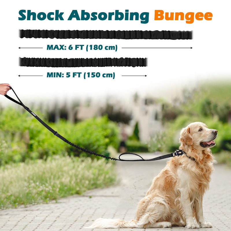 PetBonus Heavy Duty Tactical Dog Lead, 150 cm Bungee Shock Absorption Lead with 2 Padded Handles, Quick Release Metal Clip, Car Seatbelt, No Pull Training Leash for Large Medium Dogs (Black) Black