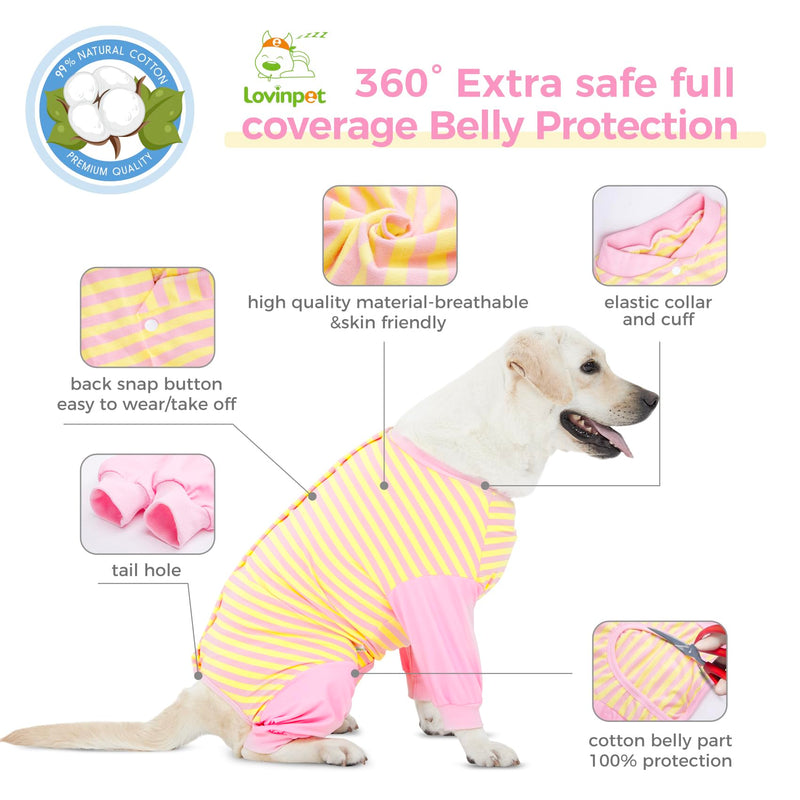 LovinPet Dog Recovery Suit for Large Medium Dogs - Full Coverage Dog's Bodysuit Wound Protective Surgical for Abdominal Wounds After Surgery Anti-Licking Cut-Out Design of Abdomen,Buttons,XXL XXL Pink collar/Yellow - PawsPlanet Australia