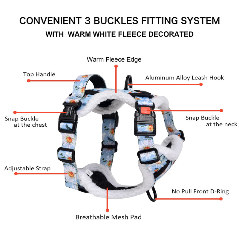 Petmolico Floral Dog Harness and Leash, No Pull Fleece Dog Harness with 2 Leash Clips and Easy Control Handle for Small Dogs, Small Daisy - PawsPlanet Australia