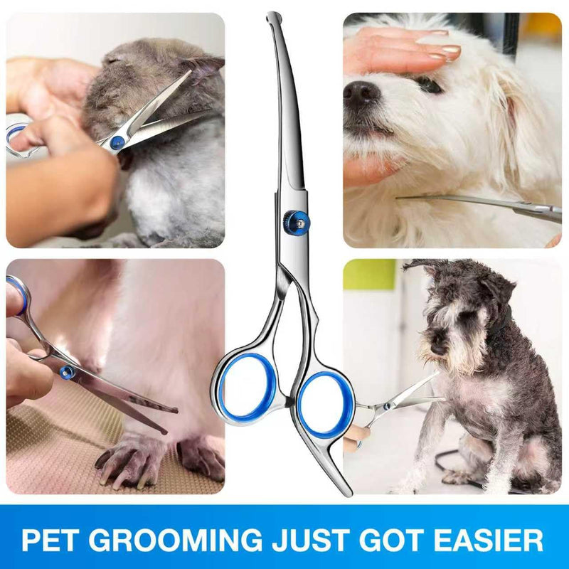 Dog Grooming Scissors, 6.7in Stainless Steel Curved Scissors for Dog Grooming with Safety Round Tip, Professional Pet Cat Shears Trimming Clippers Shaver, Cleaning Cloth