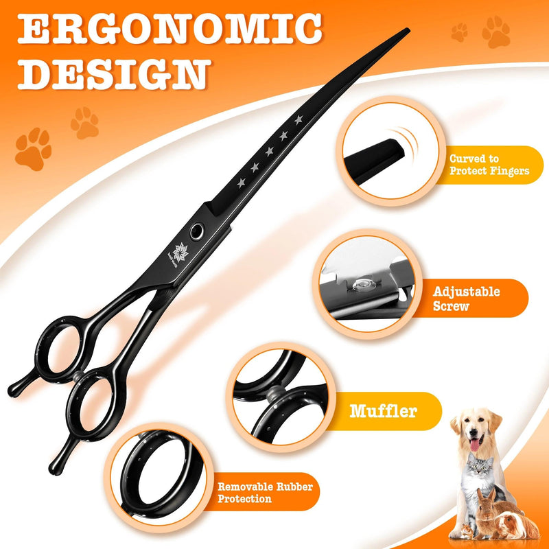 Dream Reach Dog Grooming Scissors - Professional 7.5 Inch Pet Scissors Sharp and Durable Shears Set Thinning, Chunker, Straight, Curved Shears and Comb for Dog Cat Pet, Black - PawsPlanet Australia