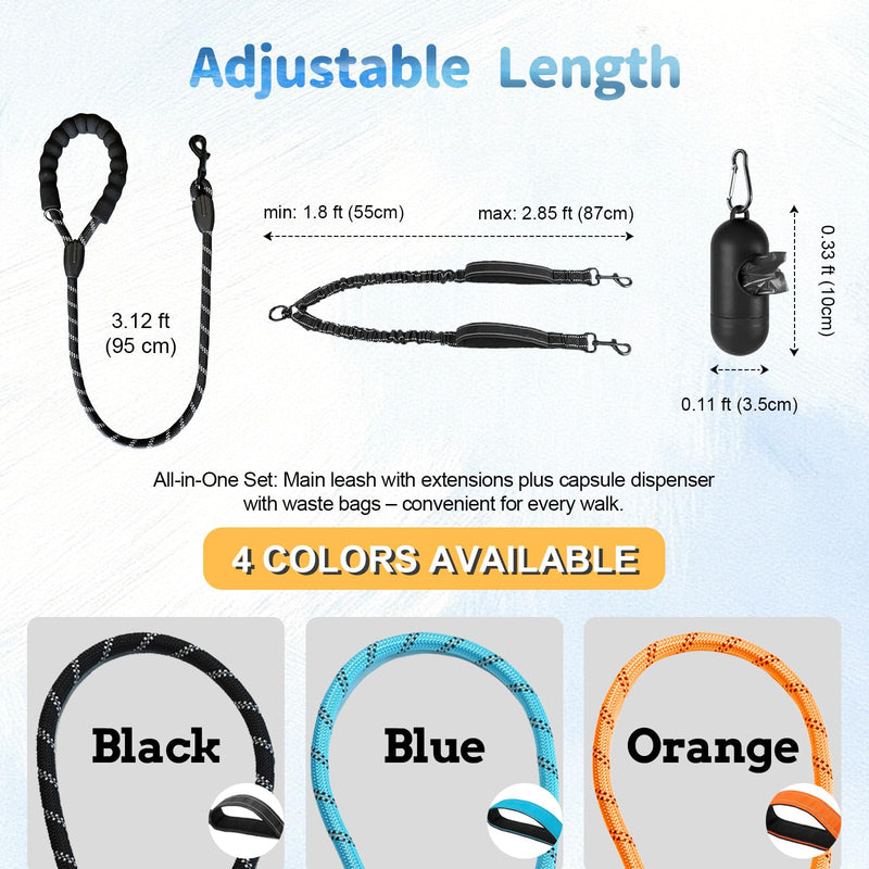 Double Dogs Leash - Removable Main Lead Rope with Splitter, No Tangle 2 Dog Coupler, Reflective No Pull Bungee, 3 Handle, D-Ring, Extra Long for Walk Train Medium Large Two Pet (Orange) Orange