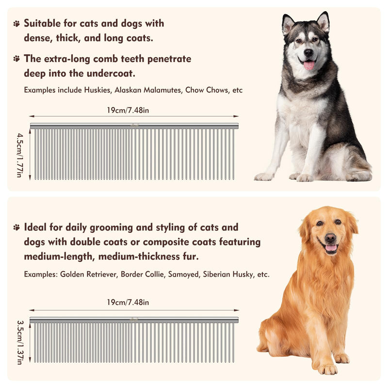 WRW Stainless Steel Dog Combs [4 Pcs], Groom Like a Professional, Coarse Pet Butter Comb for Dog ＆ Cat, Rounded Corners Prevent Friction and Breakage, 4 Sizes of Steel Teeth Fit Most Pet Fur
