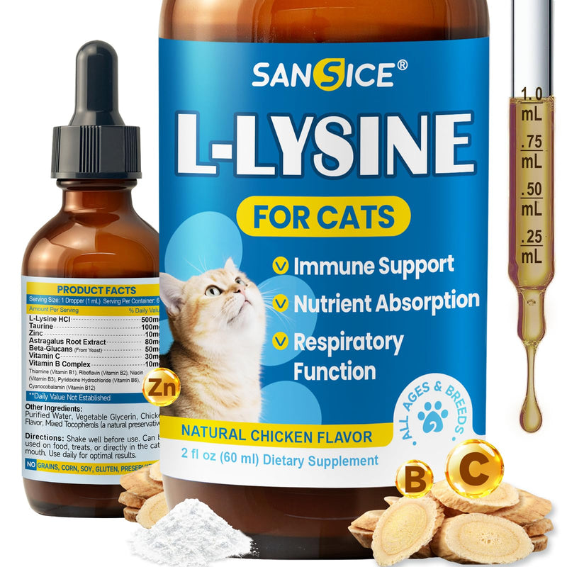 L-Lysine Supplement for Cats Immune Support, Cats Lysine Drops for Feline Respiratory, Sneezing, Runny Nose, Eye Function, Natural Strengthen Defenses-Natural Chicken Flavor, 2FL oz