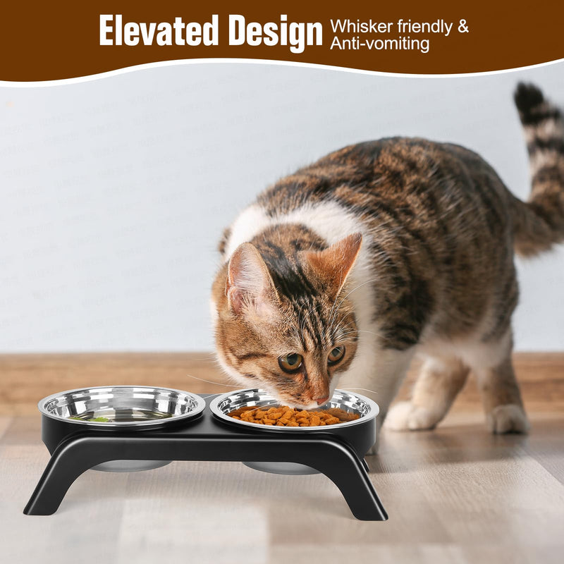 Elevated Cat Bowls, Anti Vomiting Raised Cat Food Bowl with 2 Stainless Steel Bowls, Prevent Neck Pain Cat Bowl Set, ABS Anti Slip Stand Cat Bowls for Indoor Cats & Puppies (Black) Black - PawsPlanet Australia