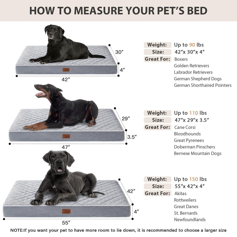 WNPETHOME Orthopedic Waterproof Extra Large Dogs Bed with Removable Washable Cover, Multi-Needle Quilting XL Crate Bed for Large Sized Dog, Light Grey 42"L x 30"W x 4"Th - PawsPlanet Australia