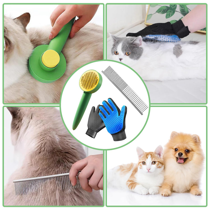 Dog & Cat Brush,Pet Grooming Kit 4PCS- Dog Brush for Shedding| A Pair Pet Hair Removal Gloves| Metal Comb for dog.Removes Undercoat, Loose Hair, Tangled, Dirt and Massages. All hair Types 4PCS-Green - PawsPlanet Australia