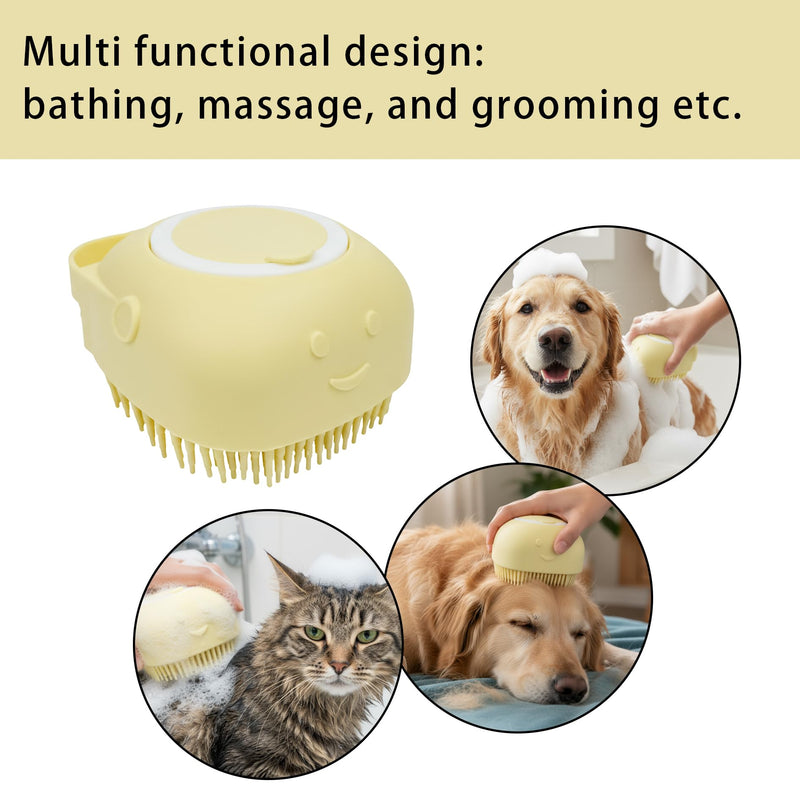 Pet Bath Massage Brush,Pet Bath Brush with Shampoo Dispenser,with Dog Grooming Comb,Suitable for Long and Short haired Dogs and Cats(Yellow)