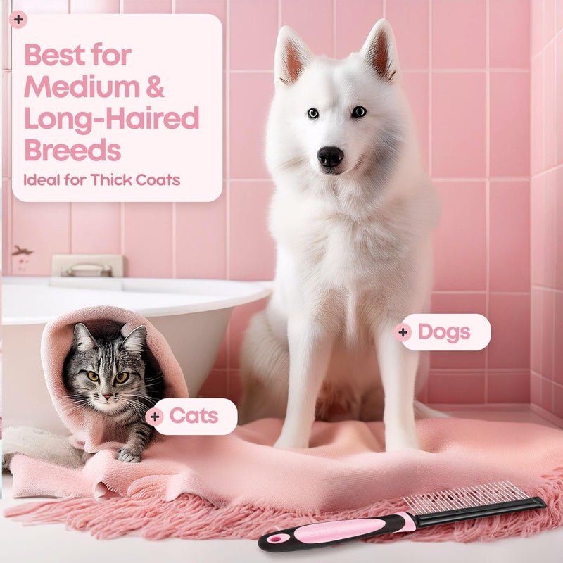 Flexzion Dog Comb - Pet Cat Grooming Trimmer Brush Stainless Steel Blade for Small Animal Puppy Matted Tangles Hair Cutting Removing Tool with Rounded Teeth Needle Soft Grip Handle (Pink) - PawsPlanet Australia
