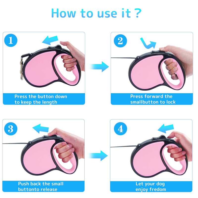 Retractable Dog Leash,16 Ft Dog Retractable Leash,with Anti Slip Handle,Strong Nylon Tape No Tangle,One Handed Brake,Pause,Lock,Suitable for Small and Medium Sized Dogs（Pink） pink - PawsPlanet Australia