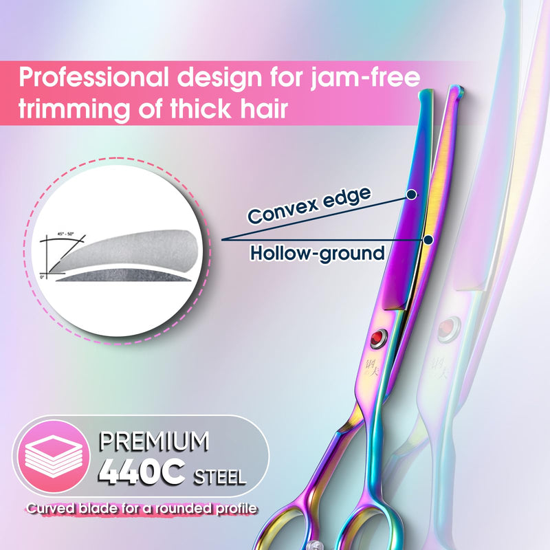 7" Dog Grooming Scissors Kit Multicolour, Premium Japanese 440C Stainless Steel Straight Scissors, Thinning Shears, Curved Scissor, Chunker Shears with Steel Comb for Precise Styling Grooming set - PawsPlanet Australia