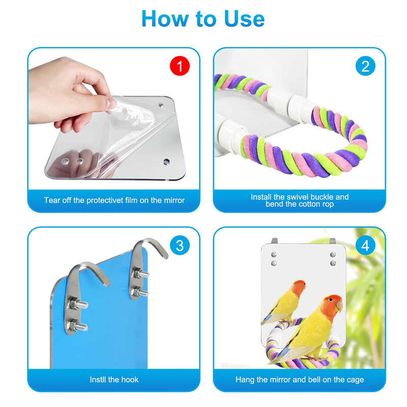 5.9" Bird Mirror with Rope Perch Bird Toys Swing, Comfy Perch for Greys Amazons Parakeet Cockatiel Conure Lovebirds Finch Canaries - PawsPlanet Australia