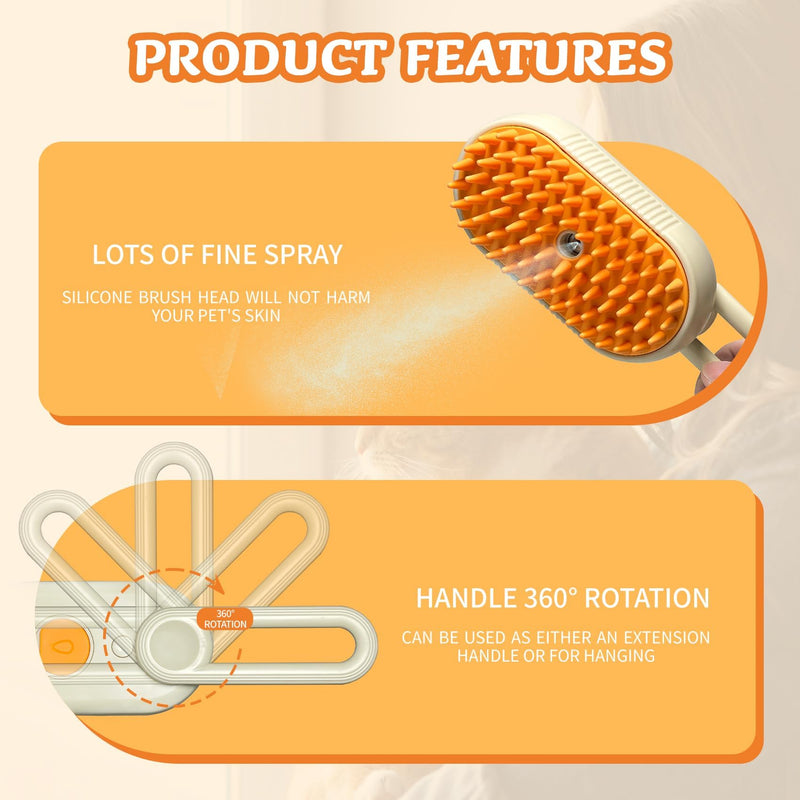 3 in1 Steamy Pet Hair Brush, Yellow, Massage Grooming Brush With Water Spray for Removing Static Flying Hair, Dog & Cat Comb for Shedding - PawsPlanet Australia