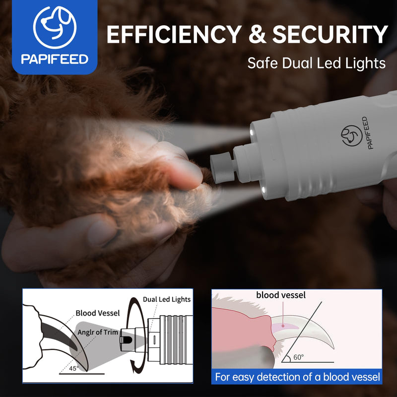 PAPIFFEED Dog Nail Grinder with LCD Display – Quiet Electric Nail Trimmer with Dual LED Light, Safe for Black & Thick Nails, Rechargeable for Small Medium Large Dogs & Cats (White) White