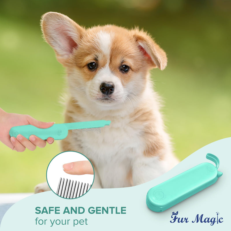 Fur Magic Deshedding and Dematting Comb, 2 Sided Foldable Pet Grooming Brush for Deshedding, Mats and Tangles, Reduce Shedding for Dogs and Cats with Medium and Short Hair, Green - PawsPlanet Australia