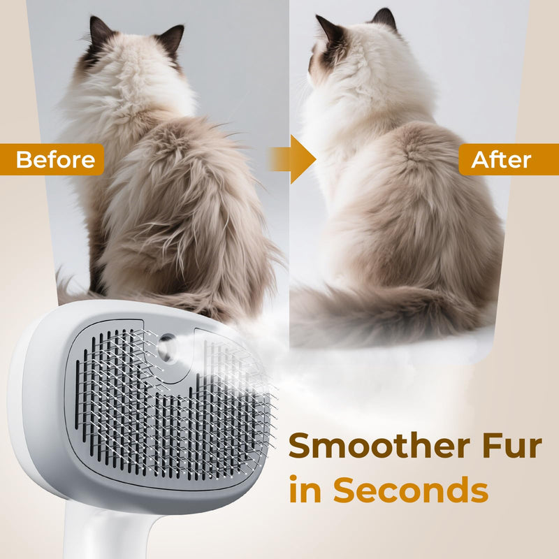 Pecute Steam Cat Brush, Self-Cleaning Cat Steam Brush with 2 Water Spray Modes, Large Capacity Tank, Dog Brush for Shedding Massaging Grooming, Cool Mist Only White - PawsPlanet Australia