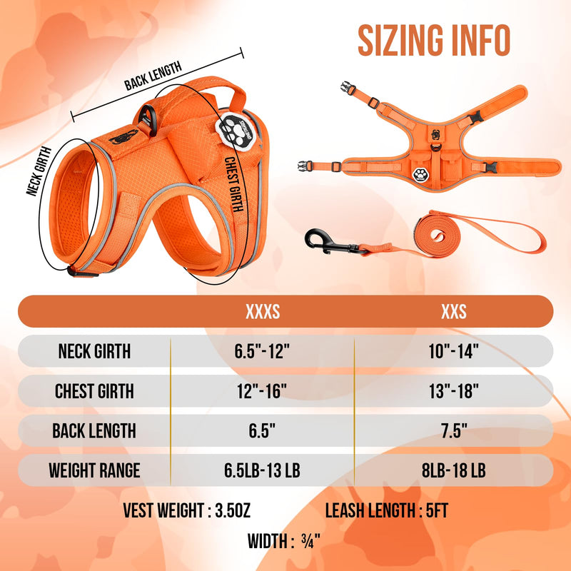 OneTigris Cat Harness and Leash - Escape Proof Soft Adjustable Kitten Harness, Breathable, Comfortable, Durable Water-Resistant Tactical Vest with Reflective Strips and Pocket for Cat Tracker Orange XXXS:(N:6.5"-12",C:12"-16",B.L:6.5",W:6.5 -13 lbs) - PawsPlanet Australia