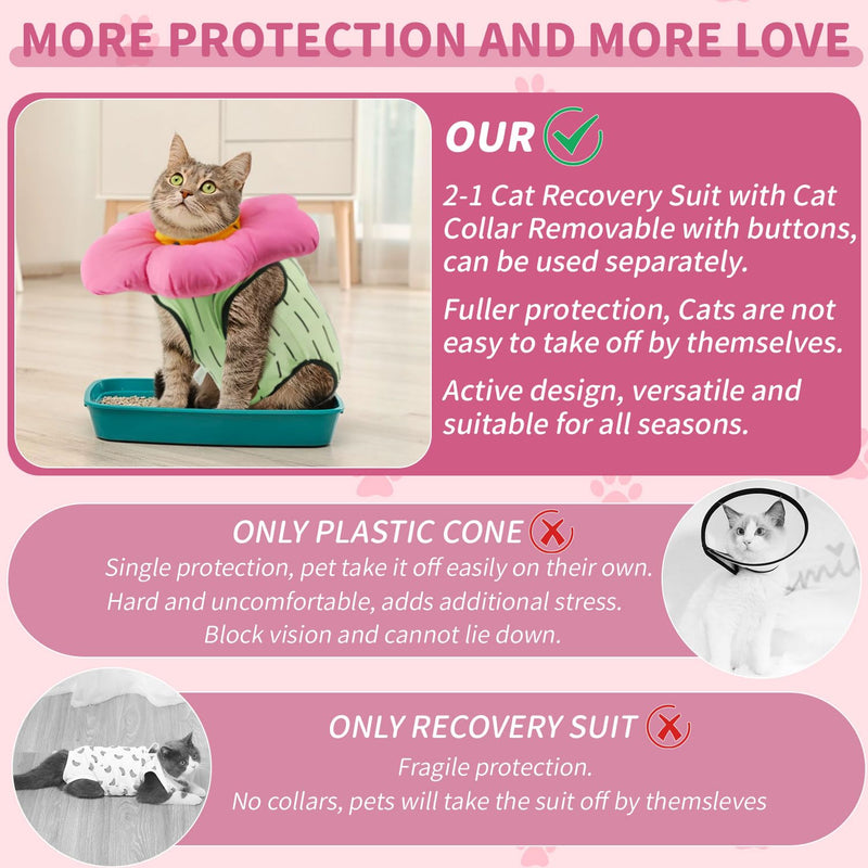 EMUST 2PCS Cat Recovery Suit and Cat Surgery Suit, Cute Cats Surgical Suit for Abdominal Wounds or Skin Diseases, Adjustable Flower Neck Cats Cone Collar Soft for 4-8lb(Green, M) Medium Green