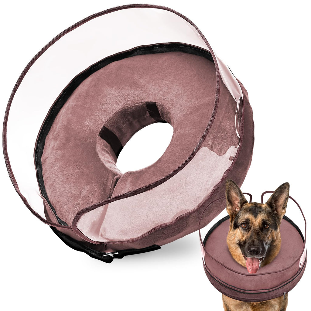 BARKLESS Dog Donut Collar, Inflatable Cone for Dogs to Stop Licking After Surgery, Soft Dog Cone of Alternative with Anti-Licking Guard Shield, Protective Pillow Cone for Large Medium Small Dogs Coffee XL