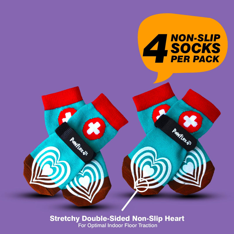 Medical First-Aid Double Sided Anti-Slip Cotton Dog Socks | PawFlex Comfy Pawz Silicone Nonslip at Inner Cuff for No Twisting or Sliding Off | Pet Paw Protection |Wound Care | Traction Control Medium Teal First Aid