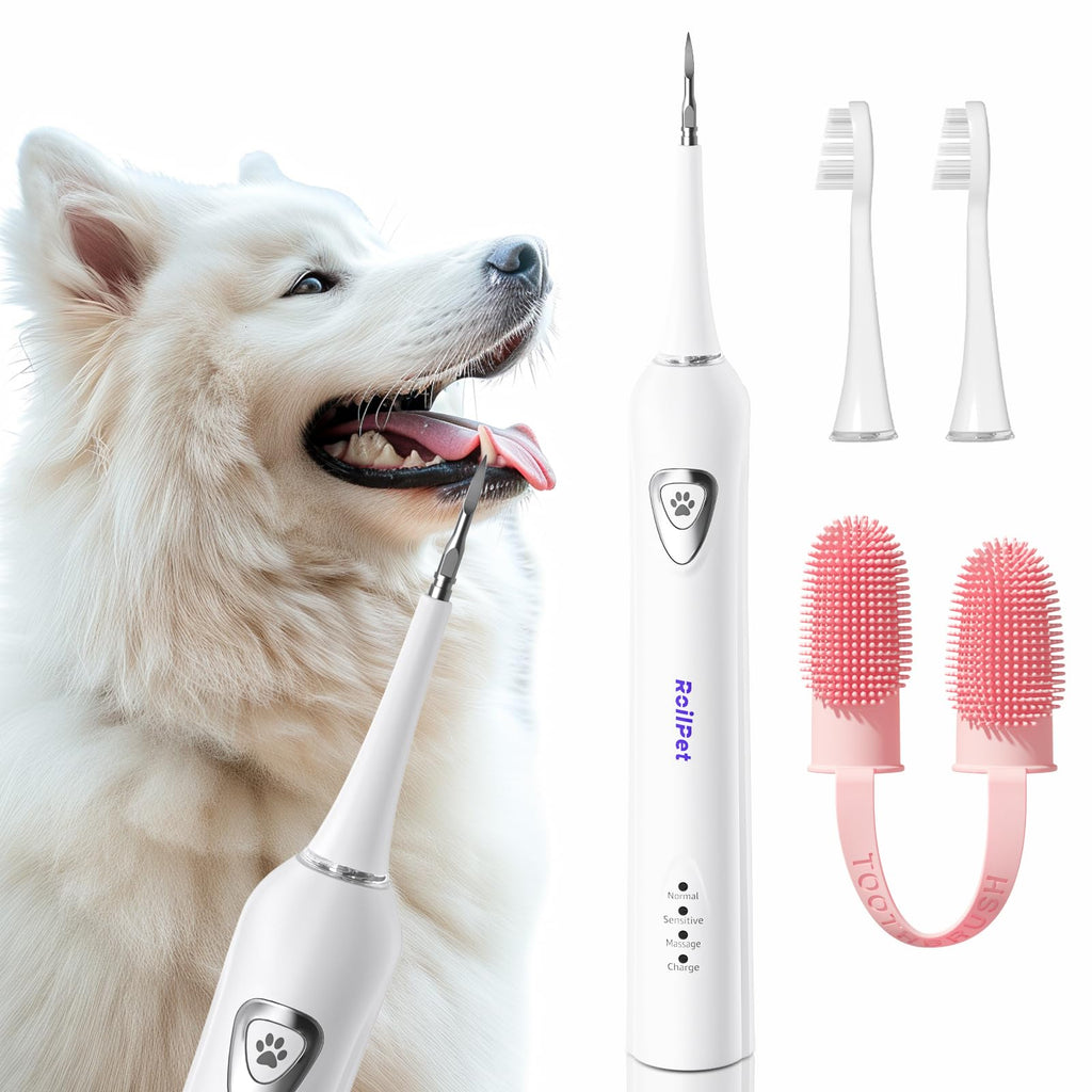 Dog Teeth Cleaning Kit, Dog Plaque and Tartar Remover with Dog Finger Toothbrush, Rechargeable Sonic Electric Dog Tooth Scraper & Brushing Kit for Dog, Pet