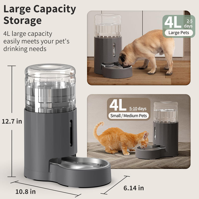 Cat Water Dispenser and Stainless Steel Bowl, Automatic Gravity Water Dispenser for Cats or Small Medium Size Dogs, Large Capacity, Easy to Clean and Safe for Pets 4L Grey - PawsPlanet Australia