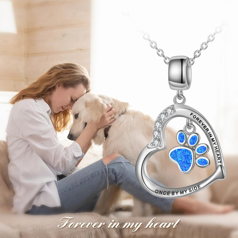 YFN Paw Print Necklace Sterling Silver Dog Cat Charms Pendant Cremation Jewelry Cat Dog Memorial Gifts for Women Girls Blue Opal