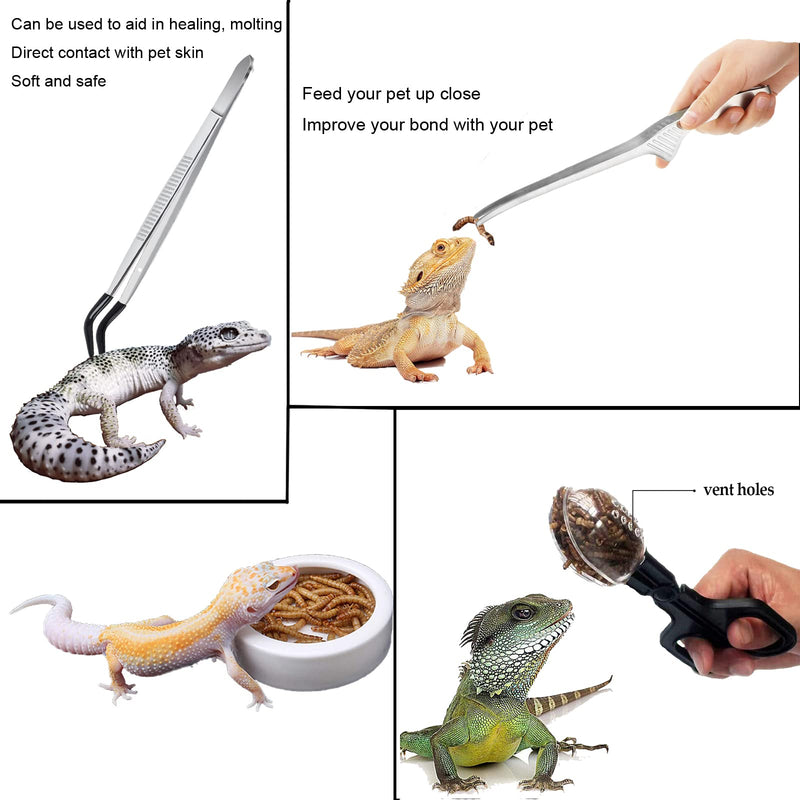 Woyrise 5Pcs Reptile Feeding Set, Long and Wide Handle Rubber Tipped Tweezers Bug Scooper Cricket Tongs Terrarium Worm Feeding Water Dish for Bearded dragon, Lizard Gecko Spider and Snakes - PawsPlanet Australia