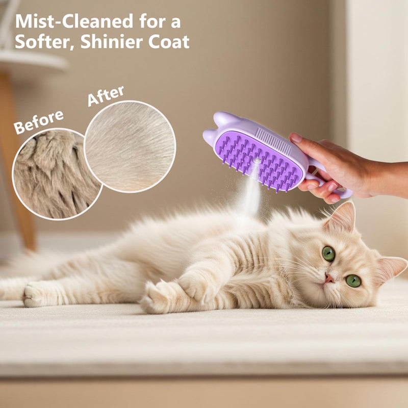 Rechargeable Cat Steam Brush with Mist Spray, 3-in-1 Pet Steam Brush for Long and Short Haired Cats and Small Dogs, Anti-Static, De-Shedding, Detangling, Massage, Purple Cat Design - PawsPlanet Australia