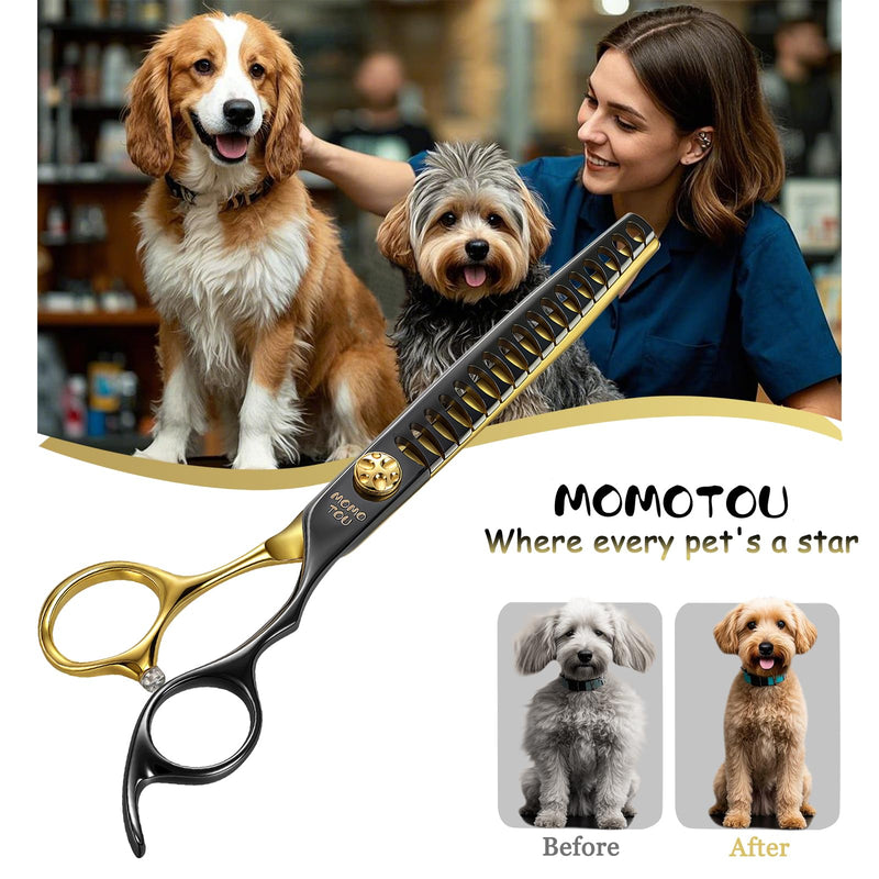 7.5'' Chunker Dog Grooming Scissors with Decorative Screw Sharp and Durable Black and Golden 440C Stainless Steel Dog Thinner Shears Easy Use for Groomers and Beginners. Chunker Scissors 7.5''