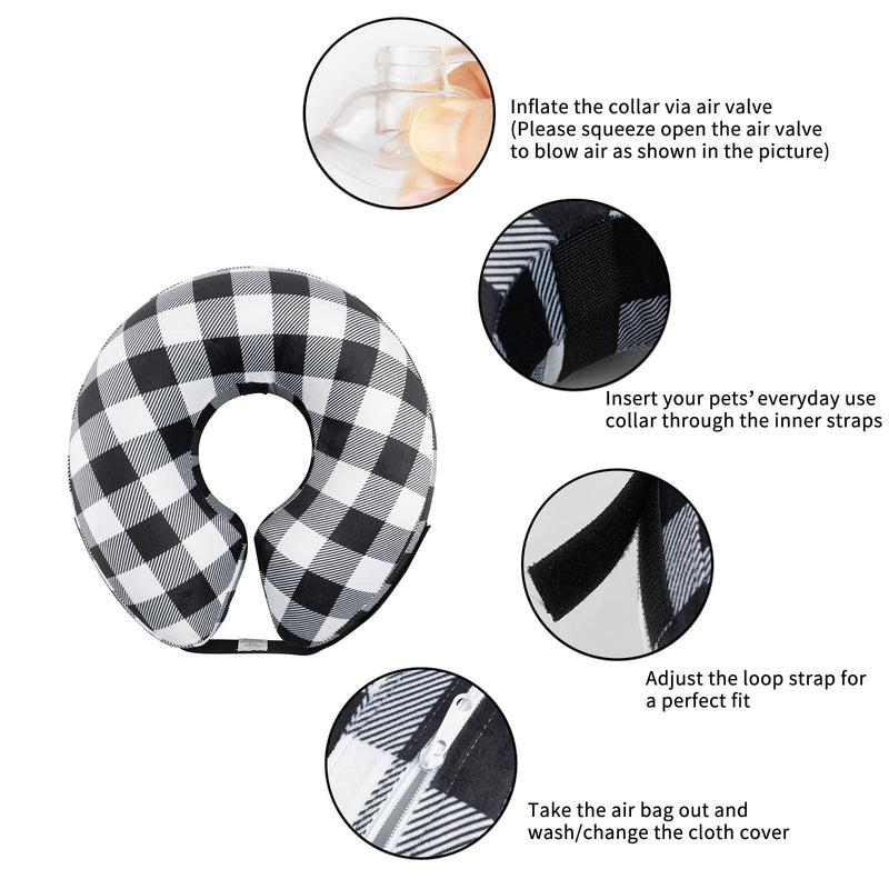 CuteBone Inflatable Dog Neck Donut with Removable Soft Fleece Covers for Small/Medium/Large Dogs and Cats After Surgery GWB03XL Black white plaid X-Large - PawsPlanet Australia