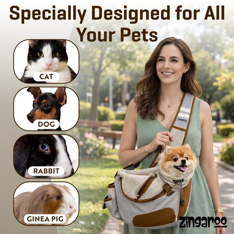 Hands-Free Sling Pet Carrier for Cats and Small Dogs up to 12lbs – Travel Set Includes Foldable Water Bowl & ID Card – Breathable Mesh, Safety Hook & Adjustable Padded Strap for Walking & Travel Beige - PawsPlanet Australia