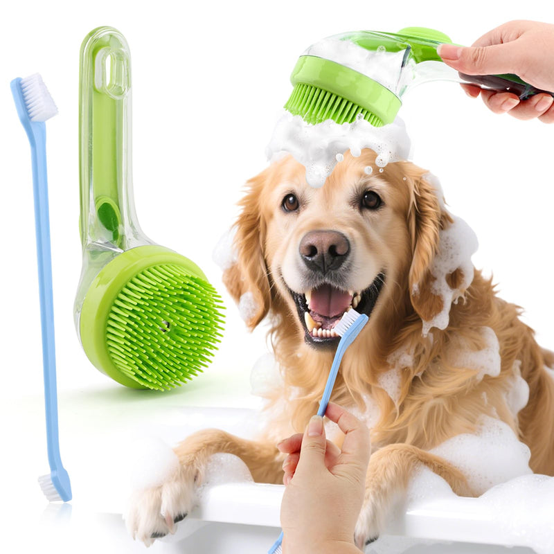 Pet Bath Brush, 2 in 1 Dog Bath Brush with Built-in Shampoo Dispenser, Pet Wash Brush with Double Head Toothbrush, Grooming Massage Brush for Dogs & Cats Green - PawsPlanet Australia
