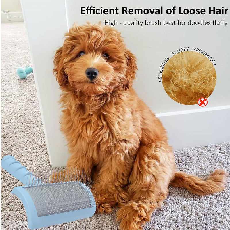 Slicker Brush for Poodles and Goldendoodles - Curved Brush for Thick, Fluffy, Shedding Fur on Dogs and Cats - Soft, Gentle Pins for Grooming (Blue) blue - PawsPlanet Australia