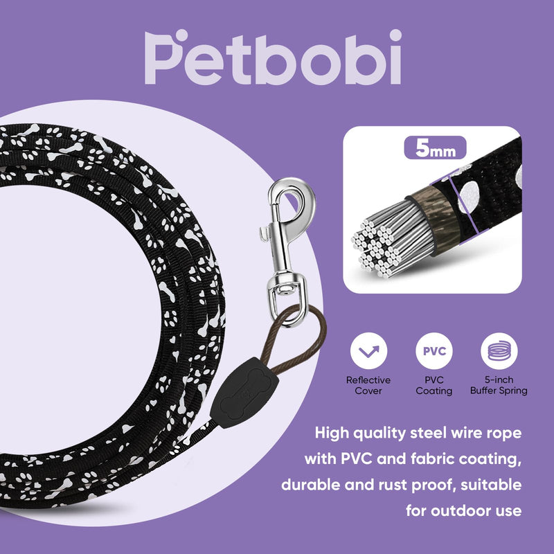 Petbobi 20 ft Dog Tie Out Cable - Reflective Dog Tether for Yard, Camping, Park - Outdoor Leash with Heavy Duty Buffer Spring - Training Tether for Medium Dogs Up to 60 Pounds, Paw&Bone 20ft-60lbs