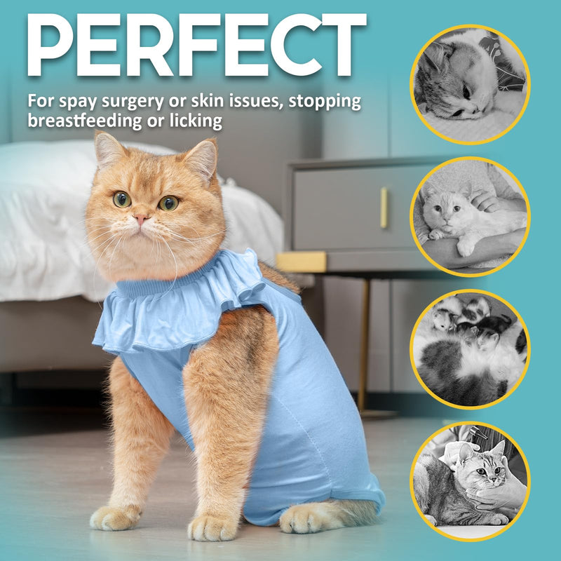 Avont Cat Recovery Suit - Kitten Onesie for Cats After Surgery, Cone of Shame Alternative Surgical Spay Suit with Ruffles for Female Cat, Post-Surgery or Skin Diseases Protection -Blue (L) Blue Large
