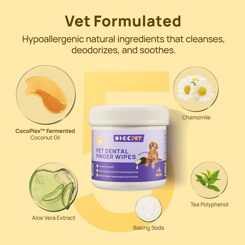 HICC Pet Teeth Cleaning Wipes for Dogs & Cats, Remove Bad Breath by Removing Plaque and Tartar Buildup No-Rinse Dog Finger Toothbrush, Disposable Gentle Cleaning & Gum Care Pet Wipes, 100 Counts Unscented 50 Count (Pack of 2) - PawsPlanet Australia