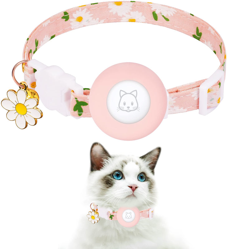 Airtag Cat Collar, JXFUKAL Kitten Collar Breakaway with Silicone Airtag Holder, Bells & Flower Charm for Girl Cats Boy Cats Small Dogs(Pink) Pink