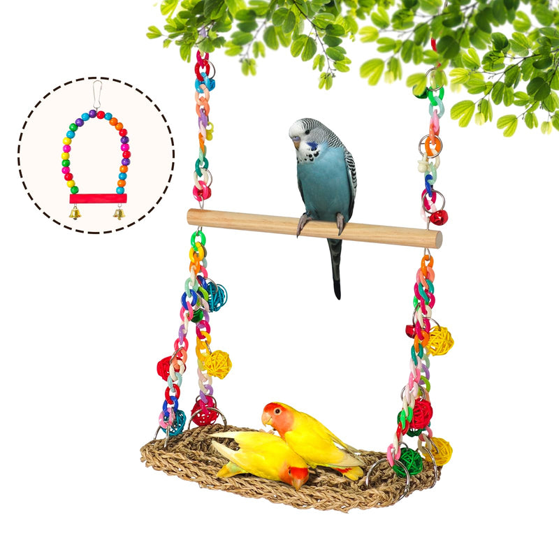 Natural Bird Swing Toys with Wood Perch,Double Layer Bird Seagrass Woven Climbing Hammock with Chewable Perch Stand Chewing Toy for Parakeets,Budgies,Conures,Cockatiels,Lovebirds - PawsPlanet Australia