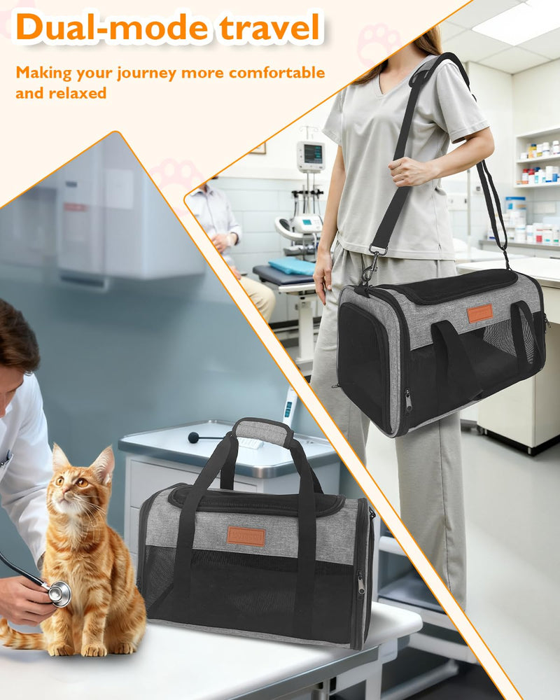 PETUX Airline Approved Pet Carrier - 17x11x9.5 in, Underseat, Top & Side Entry, Soft Sided Cat Dog Carrier for Small Cat & Dog Up to 12 lbs with Breathable Anti-Scratch Mesh for Travel & Vet - Grey 17.0"L x 11.0"W x 9.5"H - PawsPlanet Australia