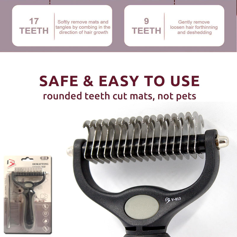 BeautyTrack Pet Dematting Comb, Dual-Sided Grooming Rake for Dogs and Cats, Stainless Steel Teeth with Metal Finishing Comb, Undercoat Rake Dog Cat (Black, L) Black - PawsPlanet Australia