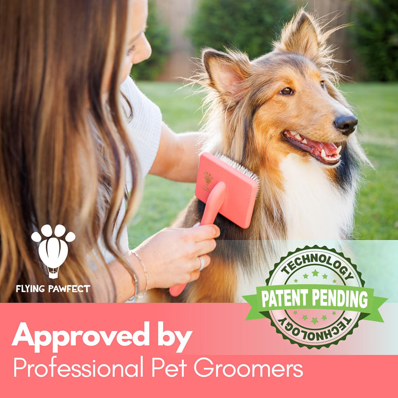 Pet Slicker Brush With Soft Massage Grooming Stainless Steel Pins - For Dematting, Shedding Fur, and Undercoat - Ideal Gift for Professional Pet Groomers - Long Slicker Brush (Coral, Flat Medium) Coral
