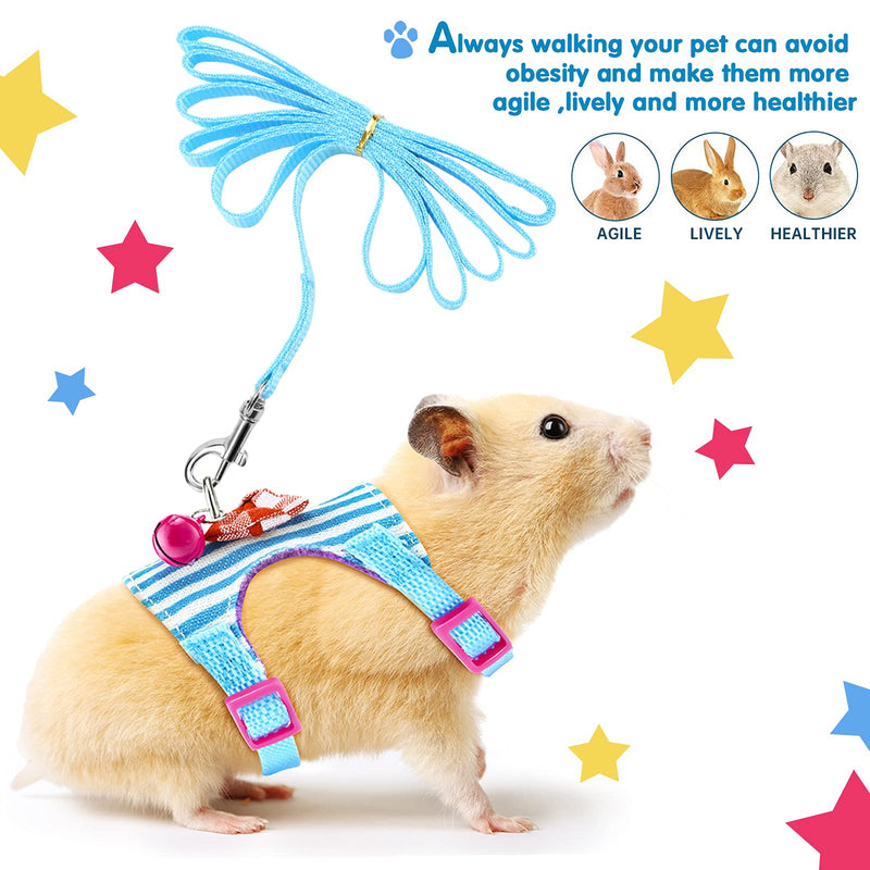 2 Pieces Hamster Harness and Leash Set for Walking, Small Guinea Pig Clothes with Bowknot Bell, No Pulling Comfort Padded Vest Striped for Guinea Pig Hamster Ferret, Small Animals (Blue, Pink,S) S Blue, Pink