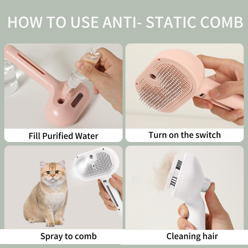 Steam Brush for Long Haired Pets - Self Cleaning Grooming Tool for Cats and Dogs to Reduce Shedding, Static and Flying Fur, White - PawsPlanet Australia