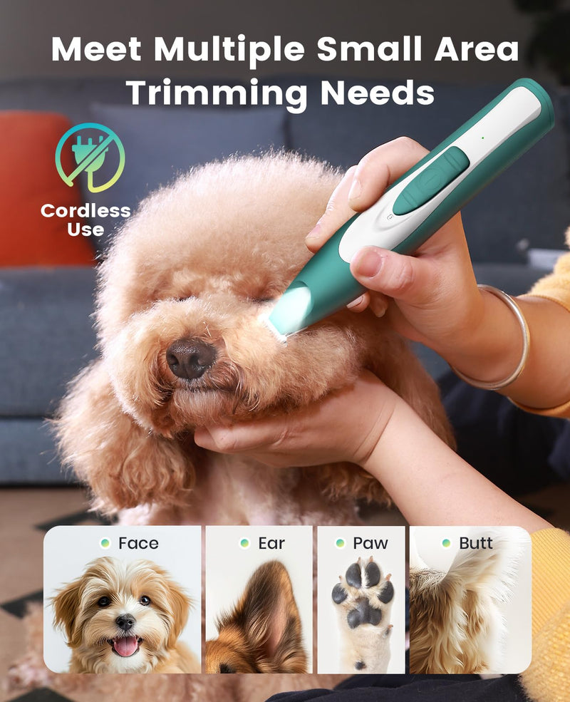 oneisall Low Noise Dog Paw Trimmer with LED Light, Paw Trimmer for Dogs 0.8inch/20mm Widen Blade, 35dB Cordless Electric Pet Paw Grooming Clippers for Paws, Ears, Face, Rump (Green) Green - PawsPlanet Australia